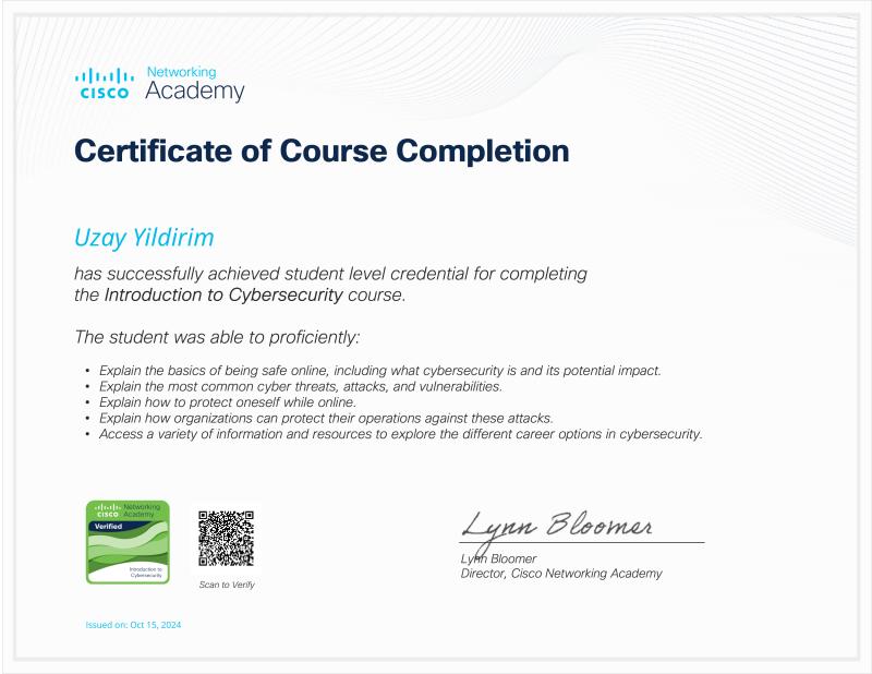 Cisco Introduction to Cybersecurity Certificate