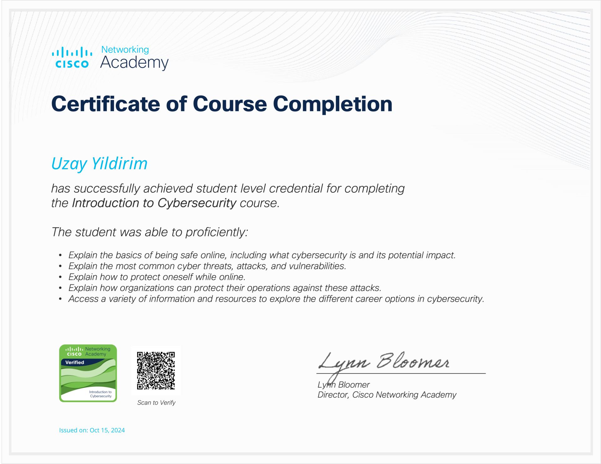 Cisco Introduction to Cybersecurity Certificate